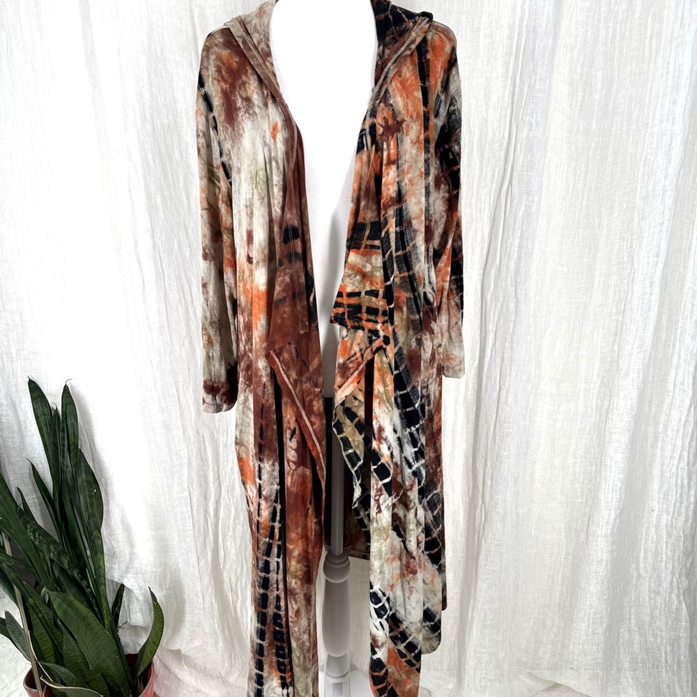 Earthy Tie Dye Cardigan Duster 3X Boho Hippie Grunge Whimsigoth Hood Pocket Fall